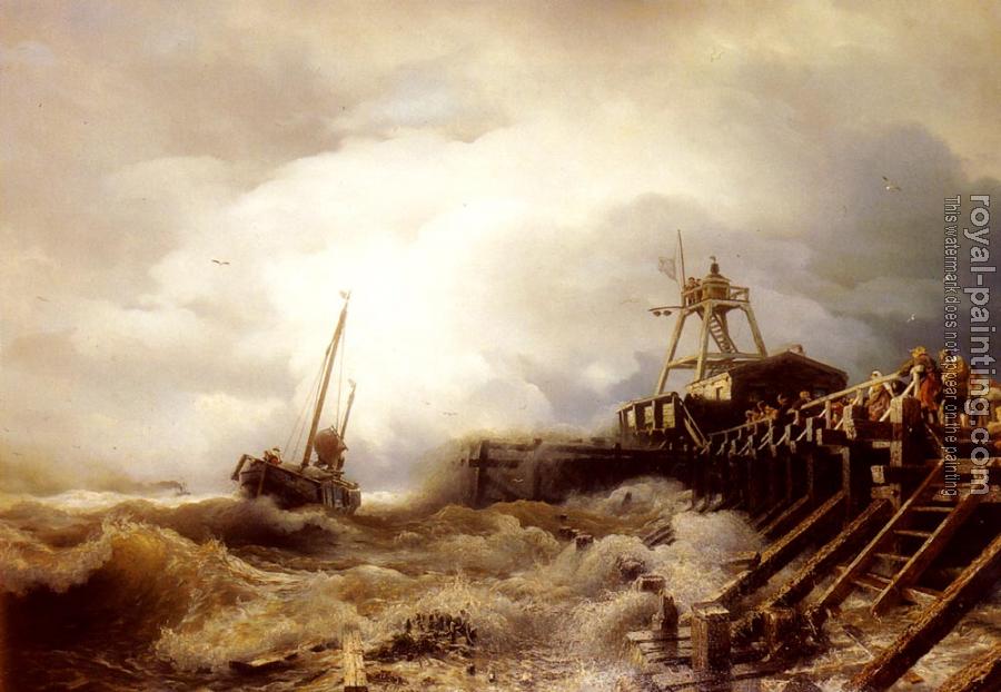 Andreas Achenbach : A Fishing Boat Caught In A Squall Off A Jetty